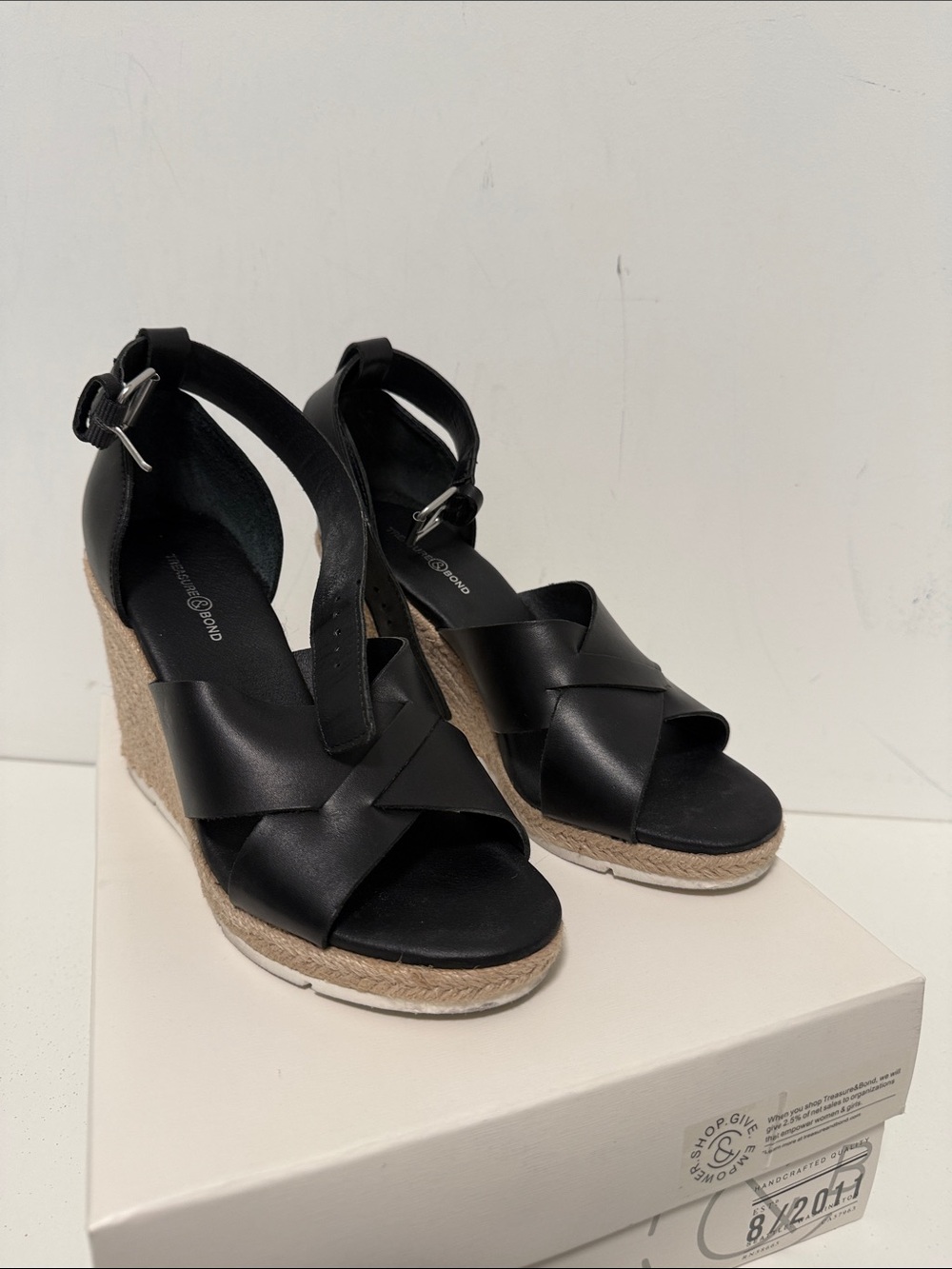 Treasure & Bond Black Leather Wedge Espadrille Sandals